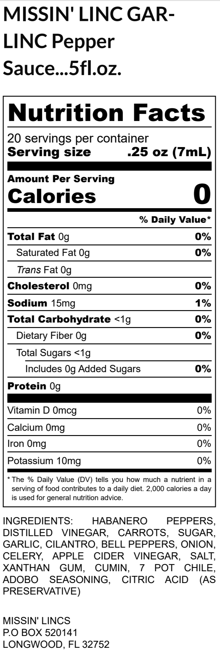 Missin' Linc Gar-Linc Pepper Sauce 5oz.
